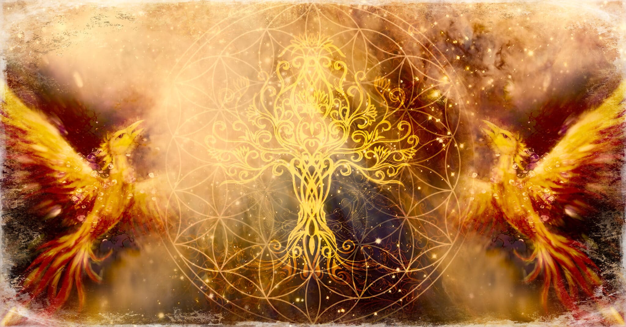 Pair,Of,Phoenix,With,Tree,Of,Life,And,Sacred,Geometry